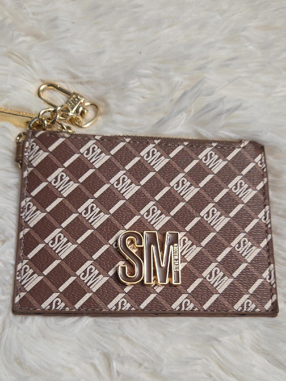 Steve Madden Brown and White SM Logo Card Holder Key Case